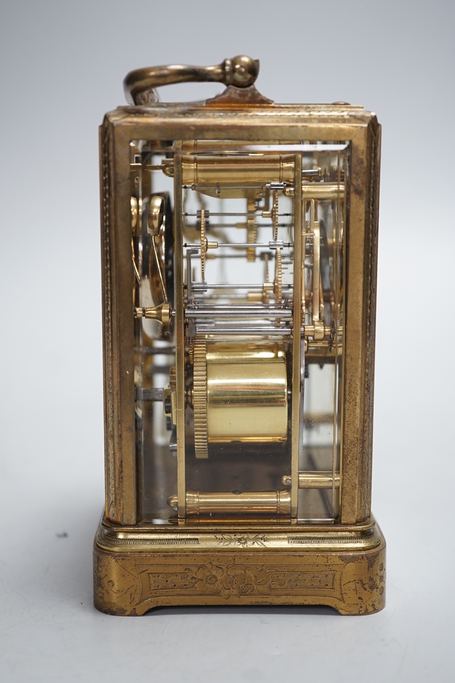 A 19th century French chased gilt brass hour-repeating carriage clock with black Roman dials and second spacers over a white dial, inscribed to movement plate Payne & Co, 163 New Bond Street, London